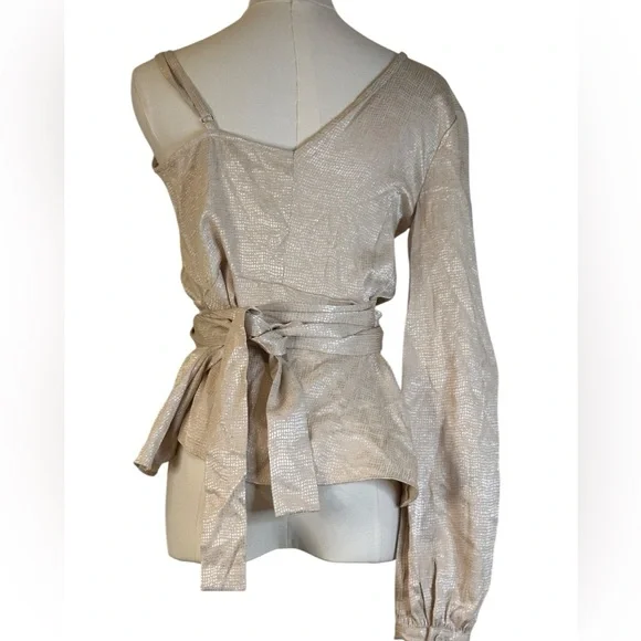 BCBGMAXAZRIA Metallic Wrap Blouse Beige XXS NWT $178 - Picture 2 of 11
